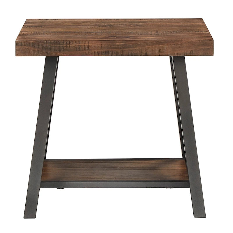 Table d'appoint rustique à piètement en X avec étagère – Chêne / Marron / Gris / Noir, piètement en métal