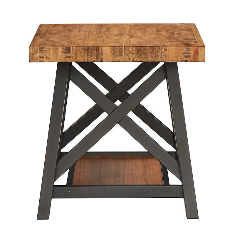 Table d'appoint rustique à piètement en X avec étagère – Chêne / Marron / Gris / Noir, piètement en métal