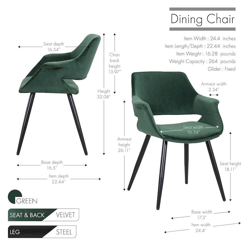 Chaise de salle à manger mi-siècle en velours avec cadre en acier – Vert / Rose / Champagne / Gris foncé, unitaire