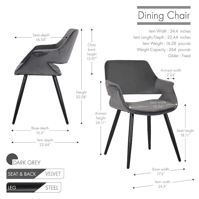 Chaise de salle à manger mi-siècle en velours avec cadre en acier – Vert / Rose / Champagne / Gris foncé, unitaire