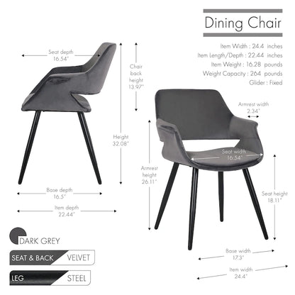 Chaise de salle à manger mi-siècle en velours avec cadre en acier – Vert / Rose / Champagne / Gris foncé, unitaire