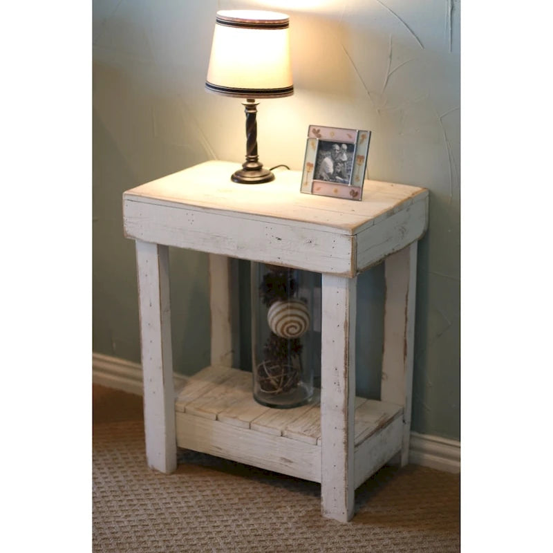 Table d'appoint rustique en bois de récupération – Blanc / Marron, avec étagère inférieure