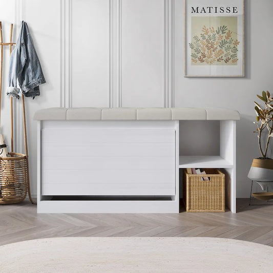 Banc à chaussures à tiroirs basculants à 3 niveaux – Blanc / Gris clair / Gris foncé, un siège