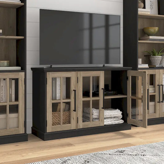 Meuble TV de ferme avec portes vitrées à petits carreaux – Noir vintage / Frêne blanc, convient aux téléviseurs jusqu'à 65 po