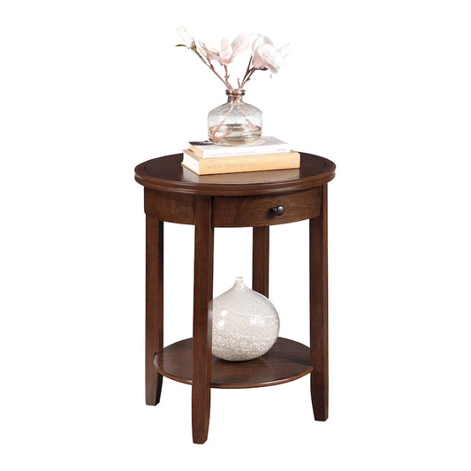 Table d'appoint ronde à 2 niveaux avec 1 tiroir – Espresso / Blanc / Noir, pieds coniques