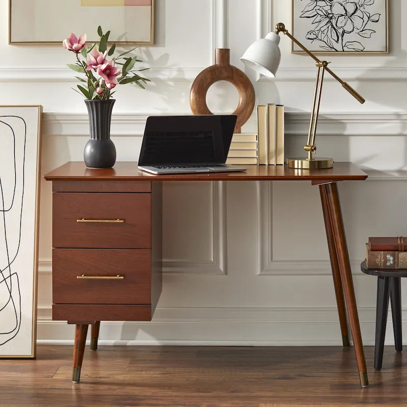 Bureau Mid-Century Modern avec 2 tiroirs – Noir / Noyer / Blanc / Vert / Vert-Lys / Bleu Nuit, Un Utilisateur