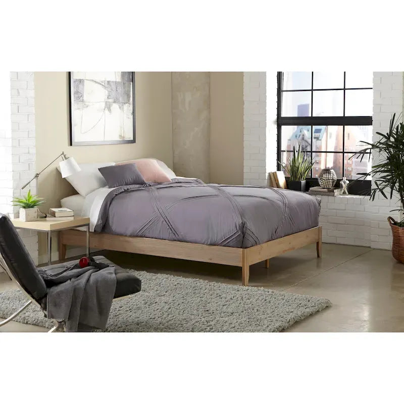 Lit plateforme pleine grandeur en pin massif – Blanc / Naturel rustique, sans tête de lit, 12 lattes