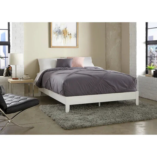 Lit plateforme pleine grandeur en pin massif – Blanc / Naturel rustique, sans tête de lit, 12 lattes