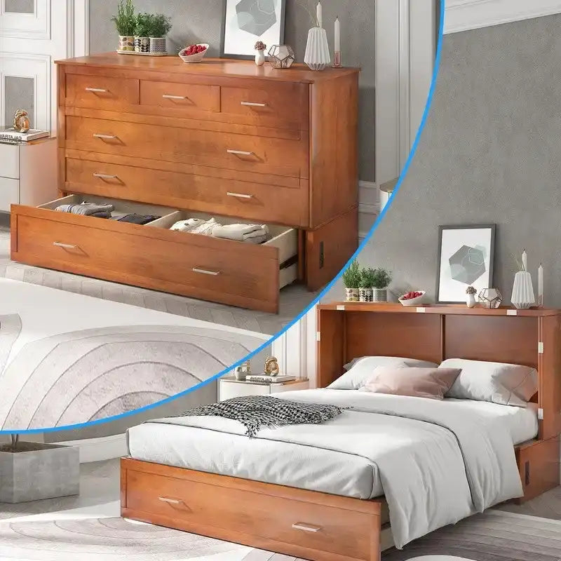 Lit escamotable Queen avec tiroir et station de charge – Gris foncé / Cerisier / Blanc, matelas en mousse inclus
