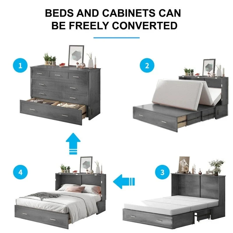 Lit escamotable Queen avec tiroir et station de charge – Gris foncé / Cerisier / Blanc, matelas en mousse inclus