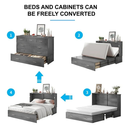 Lit escamotable Queen avec tiroir et station de charge – Gris foncé / Cerisier / Blanc, matelas en mousse inclus