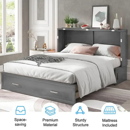Lit escamotable Queen avec tiroir et station de charge – Gris foncé / Cerisier / Blanc, matelas en mousse inclus