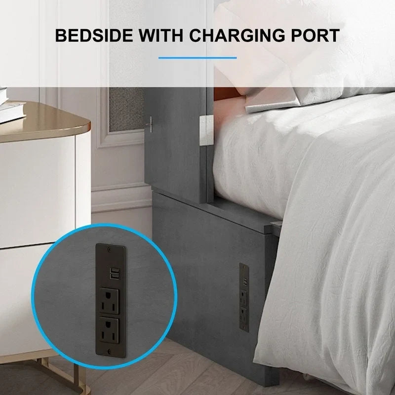 Lit escamotable Queen avec tiroir et station de charge – Gris foncé / Cerisier / Blanc, matelas en mousse inclus