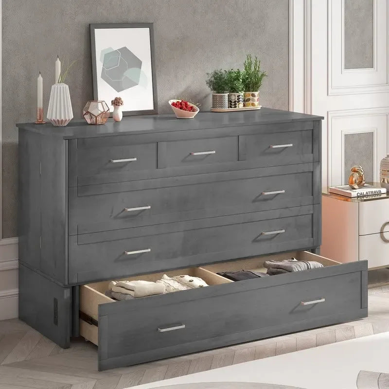 Lit escamotable Queen avec tiroir et station de charge – Gris foncé / Cerisier / Blanc, matelas en mousse inclus