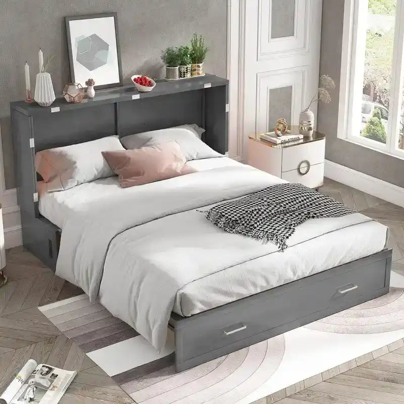 Lit escamotable Queen avec tiroir et station de charge – Gris foncé / Cerisier / Blanc, matelas en mousse inclus