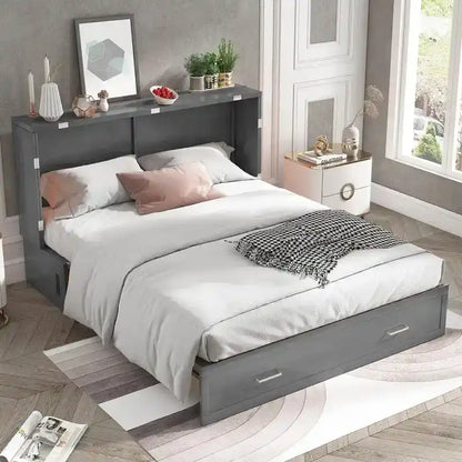 Lit escamotable Queen avec tiroir et station de charge – Gris foncé / Cerisier / Blanc, matelas en mousse inclus