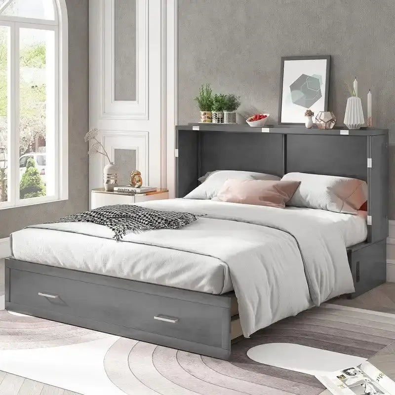 Lit escamotable Queen avec tiroir et station de charge – Gris foncé / Cerisier / Blanc, matelas en mousse inclus