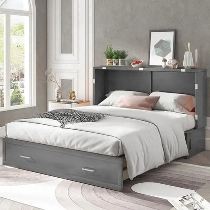 Lit escamotable Queen avec tiroir et station de charge – Gris foncé / Cerisier / Blanc, matelas en mousse inclus