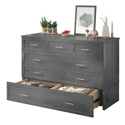 Lit escamotable Queen avec tiroir et station de charge – Gris foncé / Cerisier / Blanc, matelas en mousse inclus