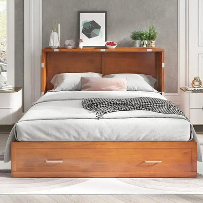 Lit escamotable Queen avec tiroir et station de charge – Gris foncé / Cerisier / Blanc, matelas en mousse inclus