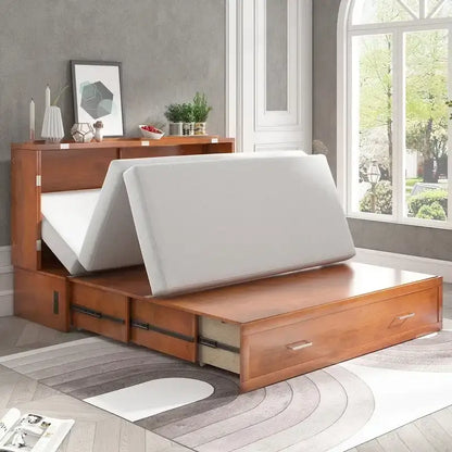 Lit escamotable Queen avec tiroir et station de charge – Gris foncé / Cerisier / Blanc, matelas en mousse inclus