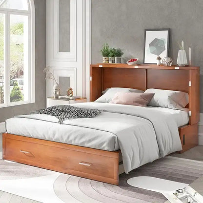 Lit escamotable Queen avec tiroir et station de charge – Gris foncé / Cerisier / Blanc, matelas en mousse inclus