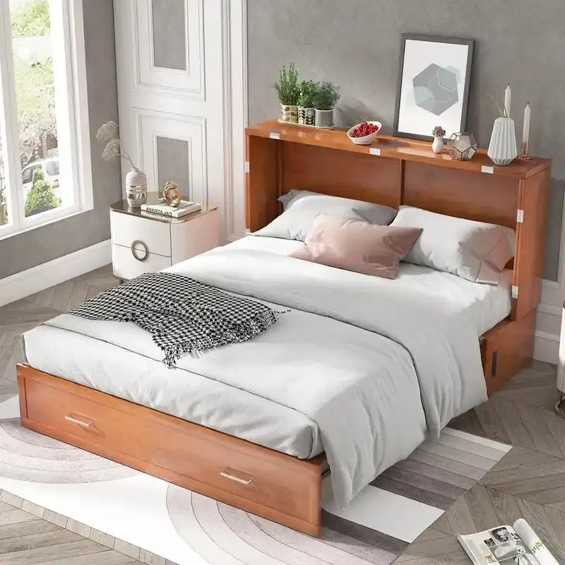 Lit escamotable Queen avec tiroir et station de charge – Gris foncé / Cerisier / Blanc, matelas en mousse inclus