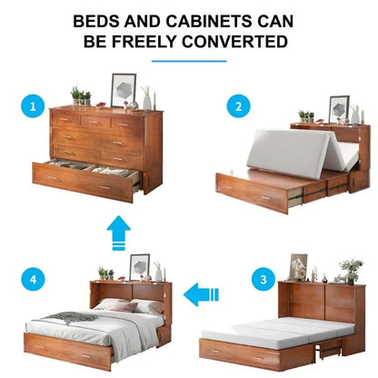 Lit escamotable Queen avec tiroir et station de charge – Gris foncé / Cerisier / Blanc, matelas en mousse inclus