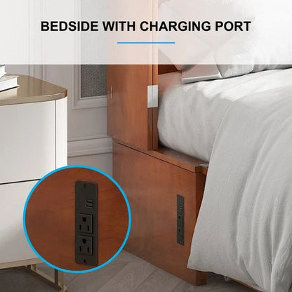 Lit escamotable Queen avec tiroir et station de charge – Gris foncé / Cerisier / Blanc, matelas en mousse inclus