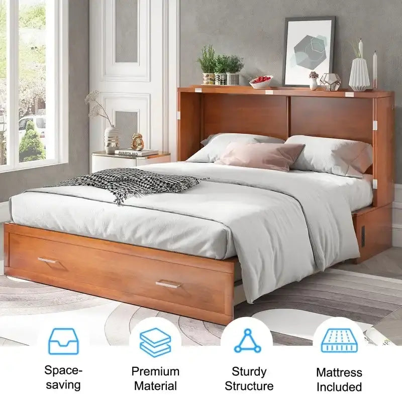 Lit escamotable Queen avec tiroir et station de charge – Gris foncé / Cerisier / Blanc, matelas en mousse inclus