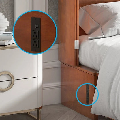 Lit escamotable Queen avec tiroir et station de charge – Gris foncé / Cerisier / Blanc, matelas en mousse inclus