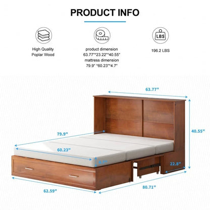 Lit escamotable Queen avec tiroir et station de charge – Gris foncé / Cerisier / Blanc, matelas en mousse inclus