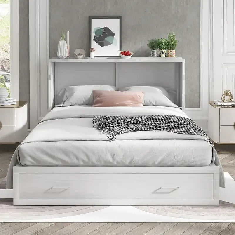 Lit escamotable Queen avec tiroir et station de charge – Gris foncé / Cerisier / Blanc, matelas en mousse inclus