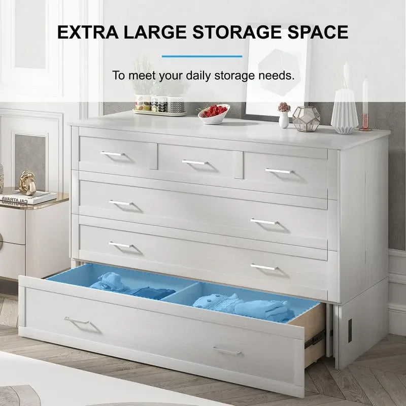 Lit escamotable Queen avec tiroir et station de charge – Gris foncé / Cerisier / Blanc, matelas en mousse inclus