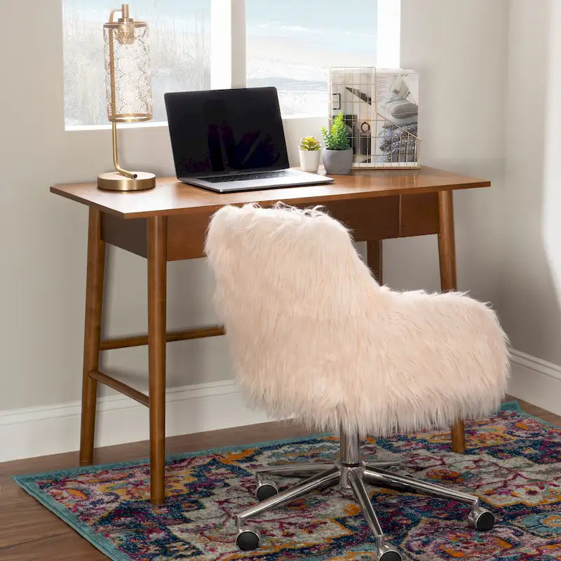 Bureau de travail moderne du milieu du siècle avec tiroir – Marron/Blanc, pieds inclinés, un utilisateur