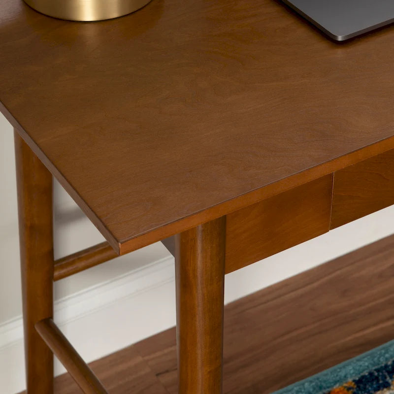 Bureau de travail moderne du milieu du siècle avec tiroir – Marron/Blanc, pieds inclinés, un utilisateur