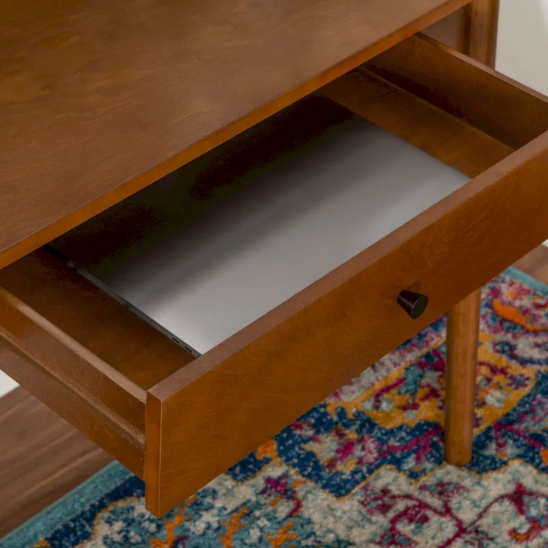 Bureau de travail moderne du milieu du siècle avec tiroir – Marron/Blanc, pieds inclinés, un utilisateur