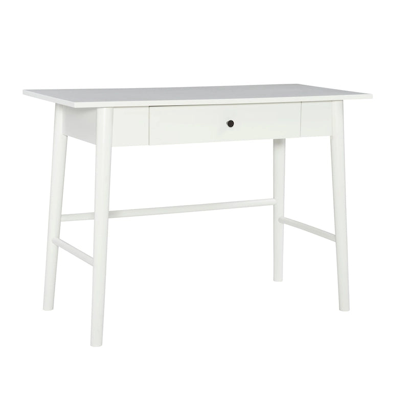 Bureau de travail moderne du milieu du siècle avec tiroir – Marron/Blanc, pieds inclinés, un utilisateur