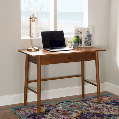 Bureau de travail moderne du milieu du siècle avec tiroir – Marron/Blanc, pieds inclinés, un utilisateur