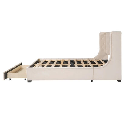Lit plateforme Queen tapissé de velours avec tiroir de rangement – Bleu / Beige / Gris / Rose