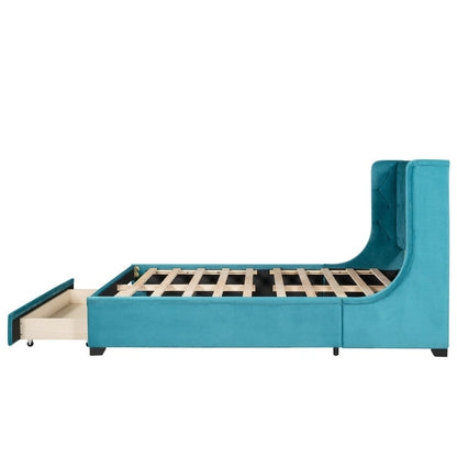 Lit plateforme Queen tapissé de velours avec tiroir de rangement – Bleu / Beige / Gris / Rose