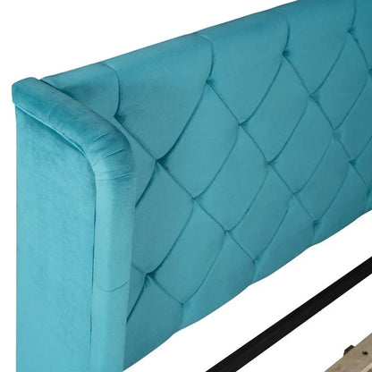 Lit plateforme Queen tapissé de velours avec tiroir de rangement – Bleu / Beige / Gris / Rose