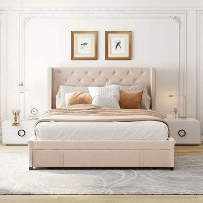 Lit plateforme Queen tapissé de velours avec tiroir de rangement – Bleu / Beige / Gris / Rose
