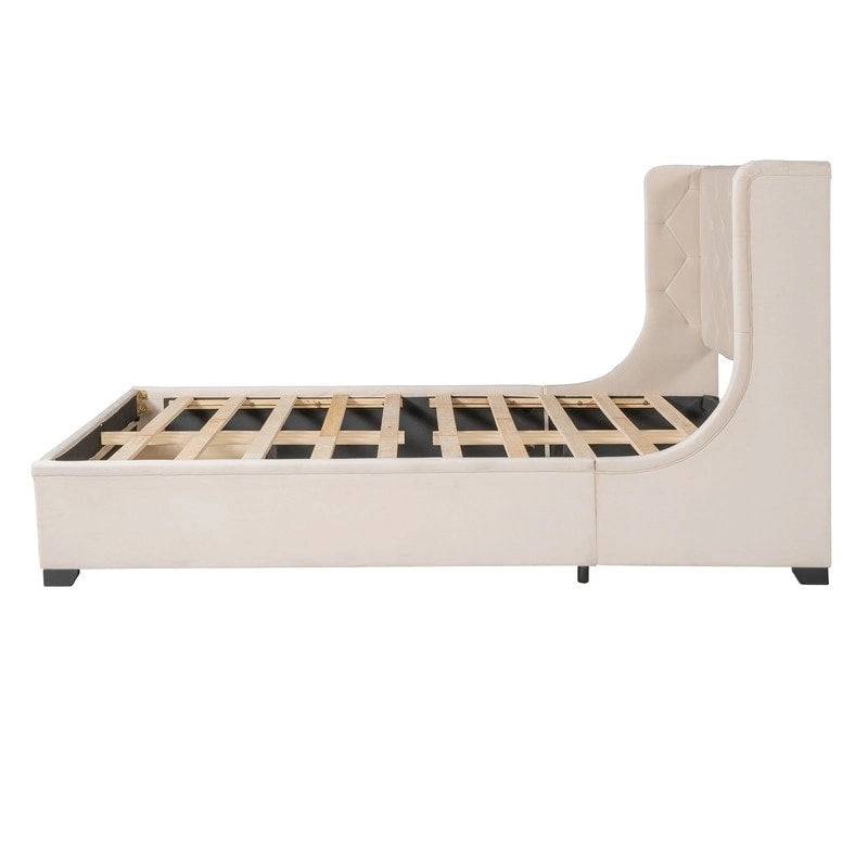 Lit plateforme Queen tapissé de velours avec tiroir de rangement – Bleu / Beige / Gris / Rose