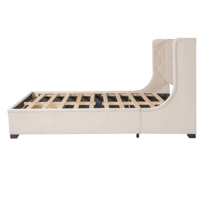 Lit plateforme Queen tapissé de velours avec tiroir de rangement – Bleu / Beige / Gris / Rose