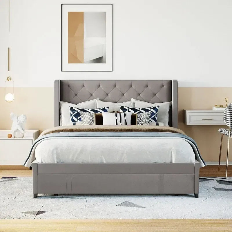 Lit plateforme Queen tapissé de velours avec tiroir de rangement – Bleu / Beige / Gris / Rose