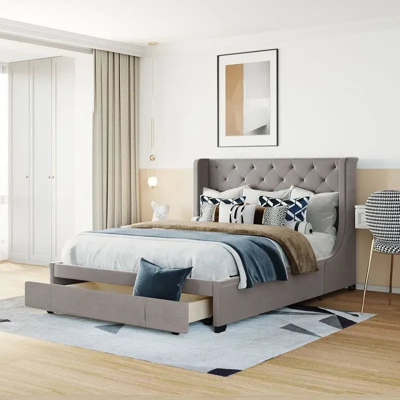 Lit plateforme Queen tapissé de velours avec tiroir de rangement – Bleu / Beige / Gris / Rose
