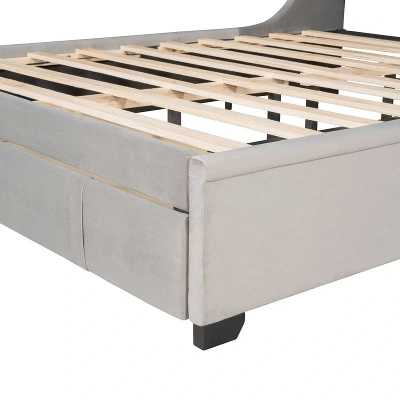 Lit plateforme Queen tapissé de velours avec tiroir de rangement – Bleu / Beige / Gris / Rose