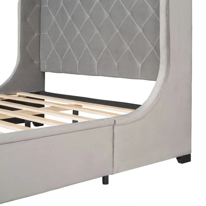 Lit plateforme Queen tapissé de velours avec tiroir de rangement – Bleu / Beige / Gris / Rose