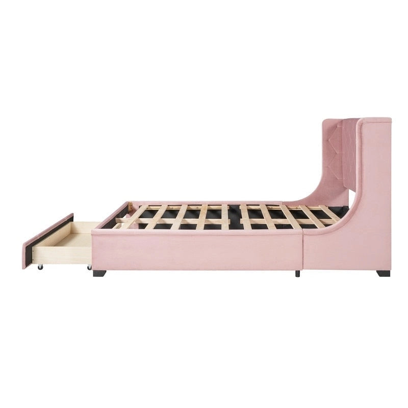 Lit plateforme Queen tapissé de velours avec tiroir de rangement – Bleu / Beige / Gris / Rose